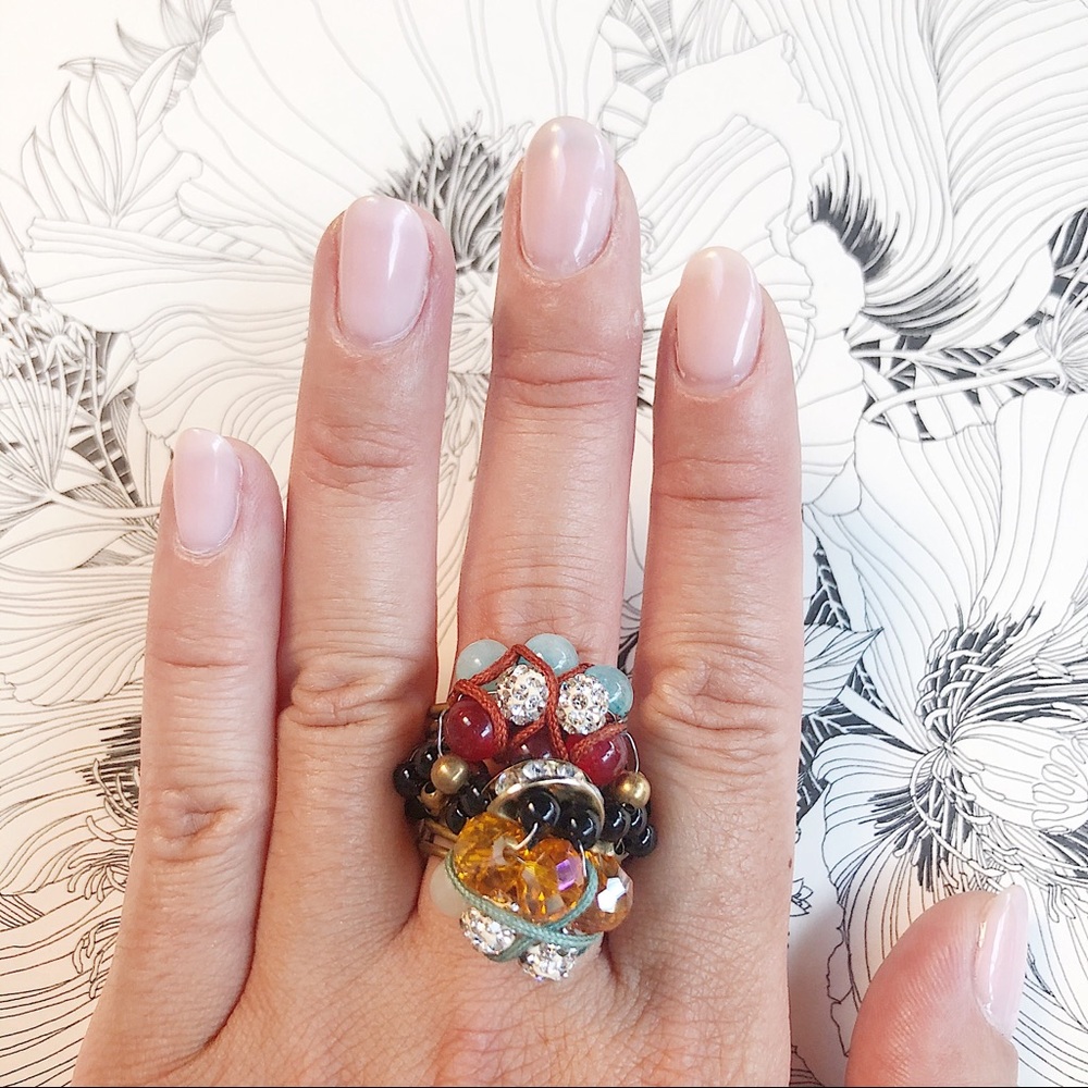 Anthropologie Beaded Statement Ring Adjustable